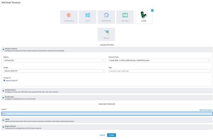 Rancher Add Node Template form - Linode options