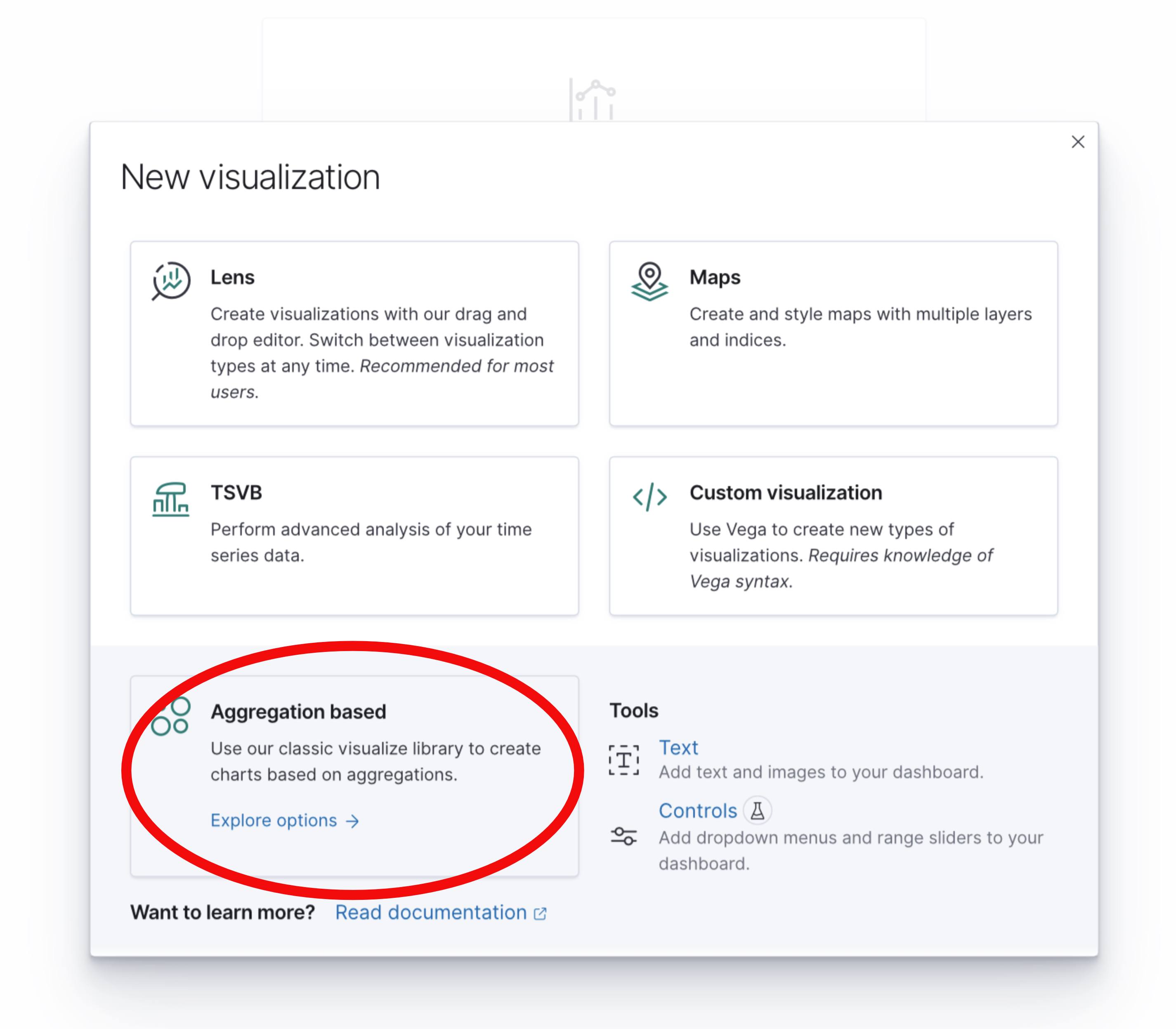 Kibana 7 New Visualization Prompt with Select Aggregation Based Button Highlighted